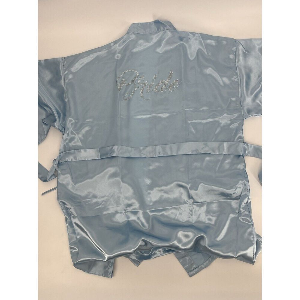 Satin Blue Bride Rhinestone Silk Bath Robe - Picture 2 of 9
